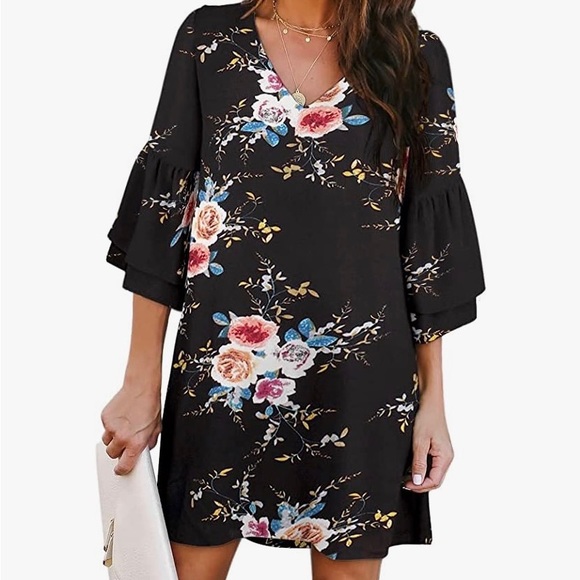Women's Dress Sweet & Cute V-Neck Bell Sleeve Shift Dress Mini Dress - Picture 1 of 6